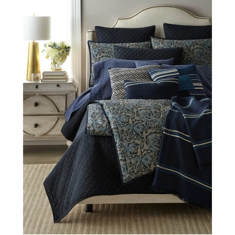 Ralph Lauren Journey's End Tait‎ Euro Sham Navy Quilted Pillow Cover Square NEW